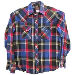 Wrangler Shirt Mens XL Blue Red Plaid Western Pearl Snap Cotton Long Sleeve
